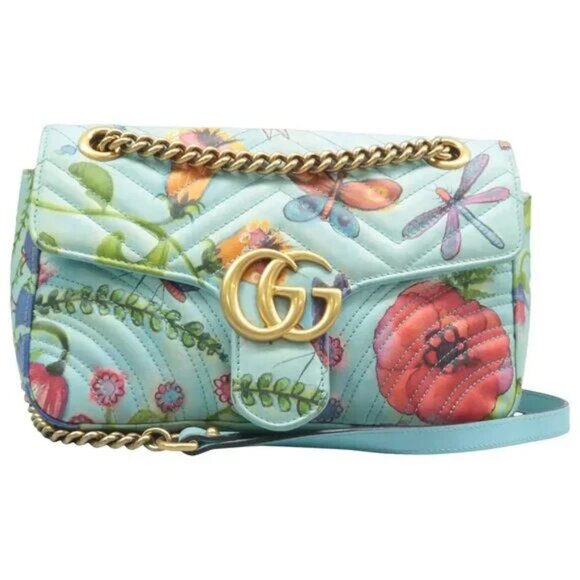 100% Authentic GUCCI GG Marmont Flap Blue Unskilled Worker Leather Shoulder Bag - Picture 1 of 12